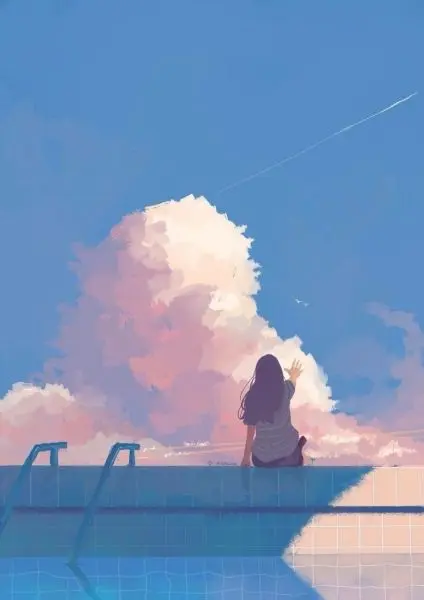Cô gái anime ngồi yên bên hồ nước, cảm giác cô độc. Cô gái anime ngồi yên bên hồ nước, cảm giác cô độc.