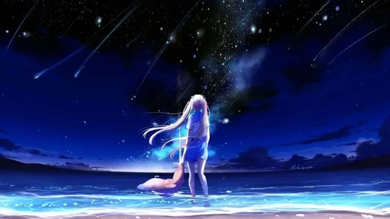 Cô gái anime đứng yên dưới trời đầy sao, ánh mắt xa xăm. Cô gái anime đứng yên dưới trời đầy sao, ánh mắt xa xăm.