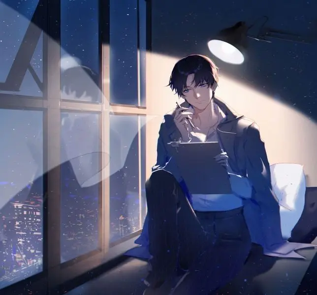 Hình ảnh anime nam ngồi bên cửa sổ, chìm trong suy tư. Hình ảnh anime nam ngồi bên cửa sổ, chìm trong suy tư.