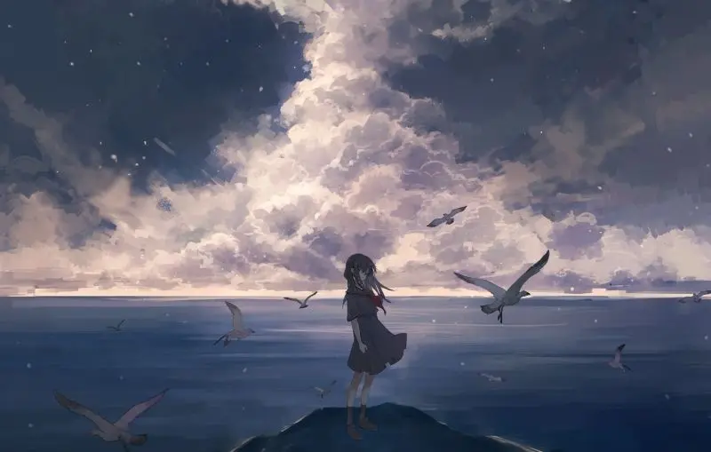 Nhân vật anime nữ đứng yên bên biển. Nhân vật anime nữ đứng yên bên biển.