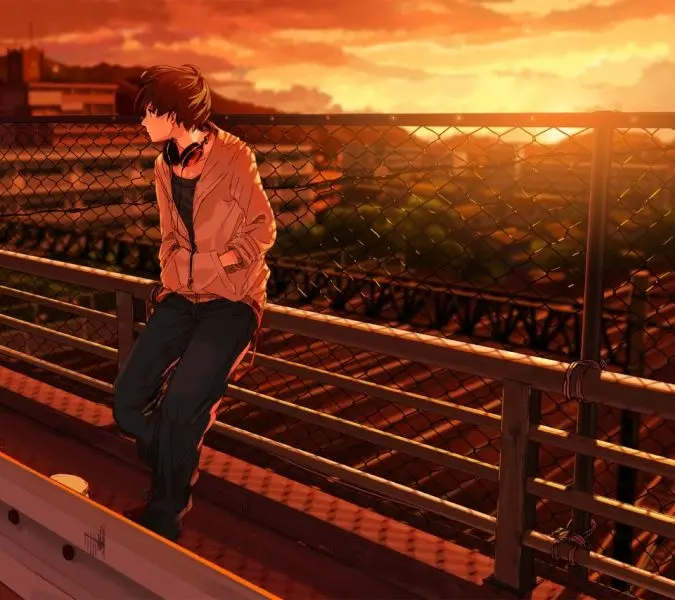 Anime chàng trai ngồi tựa khung sắt, ánh mắt buồn bã. Anime chàng trai ngồi tựa khung sắt, ánh mắt buồn bã.