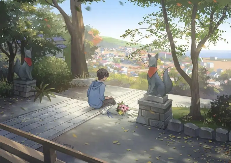 Nhân vật anime nam ngồi yên tĩnh, cảm giác cô độc giữa thành phố. Nhân vật anime nam ngồi yên tĩnh, cảm giác cô độc giữa thành phố.