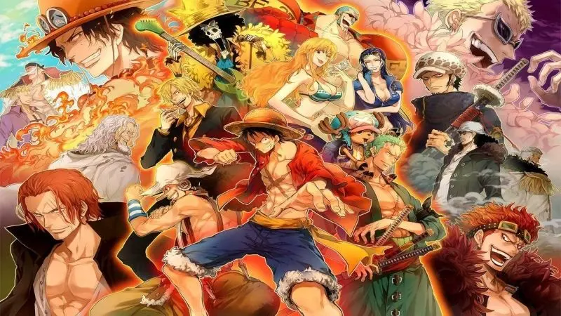 Luffy và đồng đội trong khoảnh khắc vui tươi qua ảnh anime.