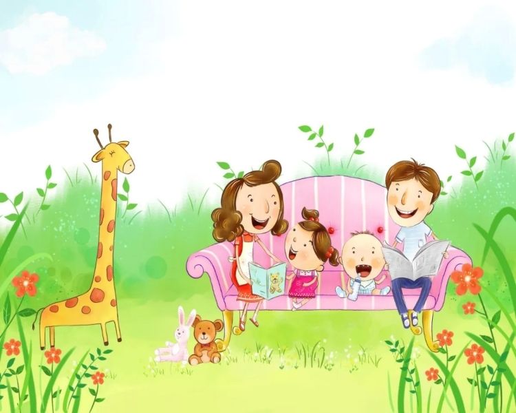Ảnh chibi hoạt hình gia đình hạnh phúc đứng bên nhau dưới tán cây