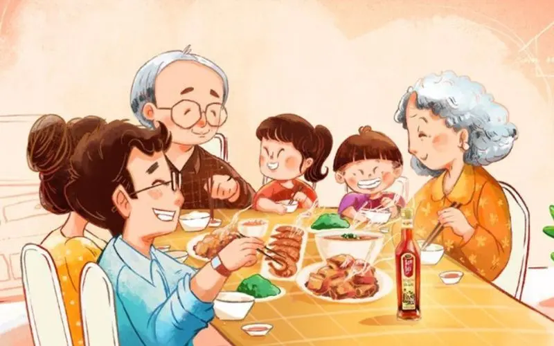 Ảnh chibi hoạt hình gia đình hạnh phúc ngồi quanh bàn ăn