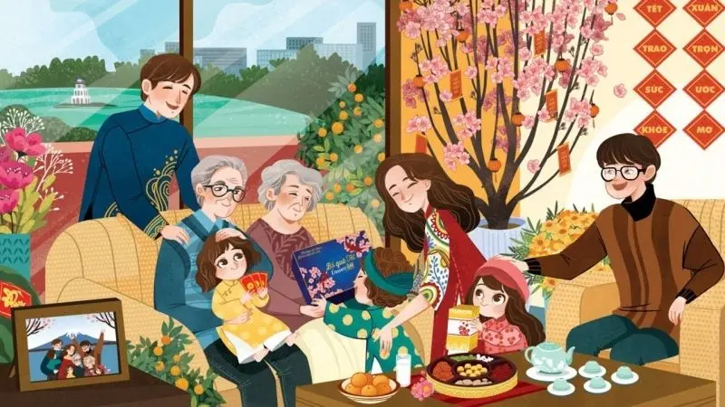 Ảnh chibi hoạt hình gia đình hạnh phúc bên cây thông Noel