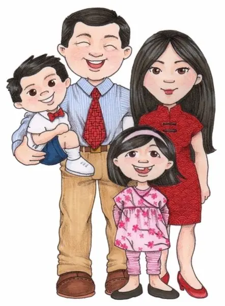 Ảnh chibi hoạt hình gia đình hạnh phúc chơi đùa trong sân vườn