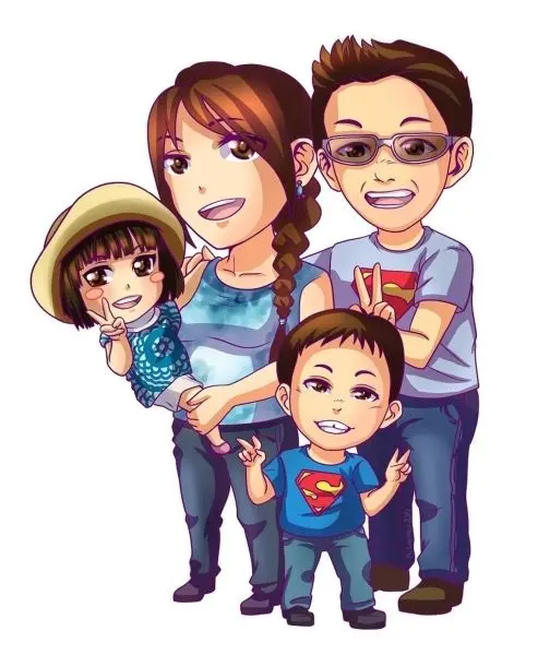 Ảnh chibi hoạt hình gia đình hạnh phúc bên cạnh cây hoa lớn
