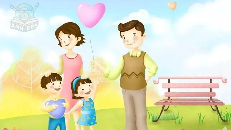 Ảnh chibi hoạt hình gia đình hạnh phúc ngồi cùng nhau kể chuyện
