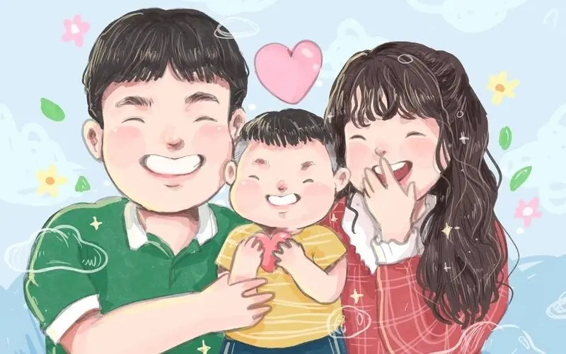 Ảnh chibi hoạt hình gia đình hạnh phúc ngồi trên ghế sofa
