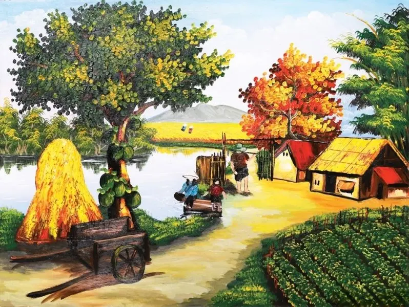 Hình ảnh làng quê Việt Nam với cánh đồng lúa chín vàng rực rỡ. Hình ảnh làng quê Việt Nam với cánh đồng lúa chín vàng rực rỡ.