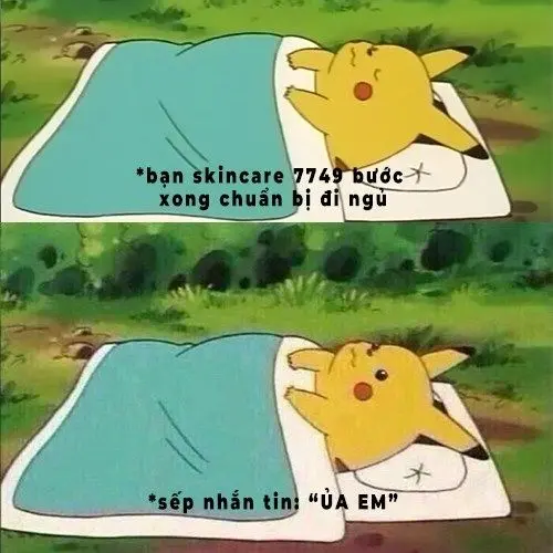 Pikachu meme đắp chăn đi ngủ hài hước