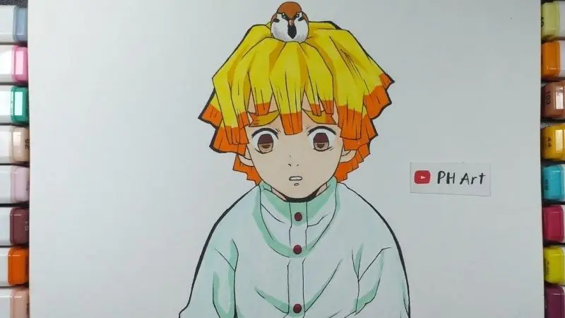 Ảnh Zenitsu chibi cầm một chiếc lá mùa thu