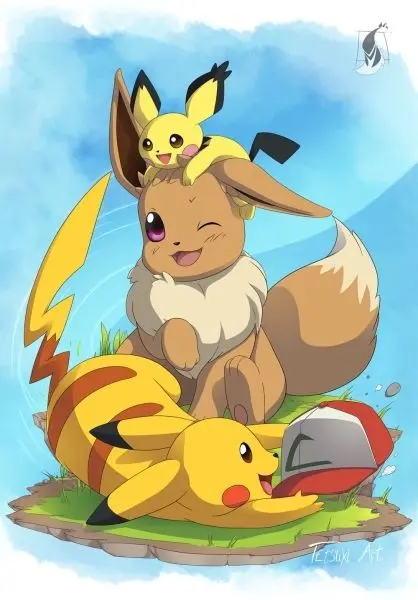 Chibi ảnh Pokemon cute cùng Pikachu nắm tay Chibi ảnh Pokemon cute cùng Pikachu nắm tay