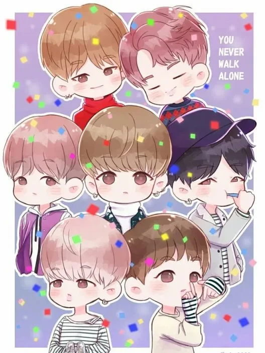 Ảnh BTS chibi trong khung cảnh biểu diễn cực sáng tạo.
