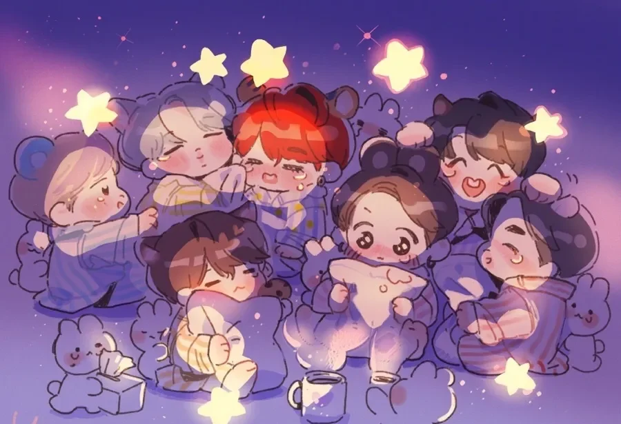 Tận hưởng niềm vui với ảnh BTS chibi trong sân khấu ngập ánh đèn.