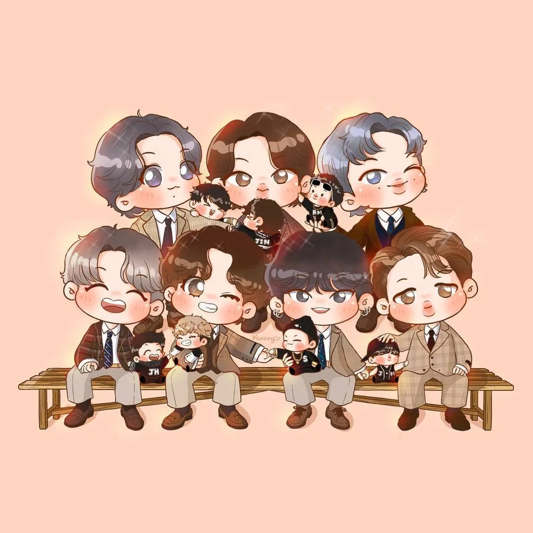 Ảnh BTS chibi nổi bật với phong cách hoạt hình siêu đáng yêu.