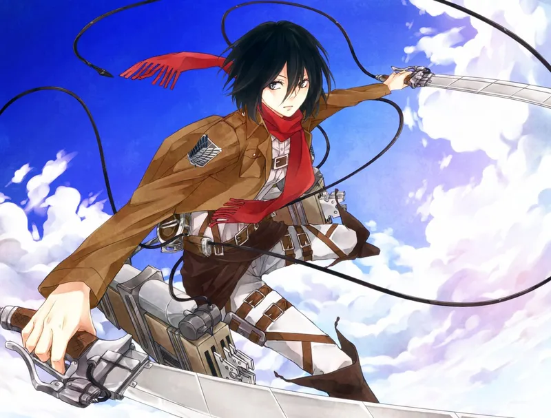 Hình ảnh Mikasa Ackerman trong bộ đồng phục trinh sát đặc trưng