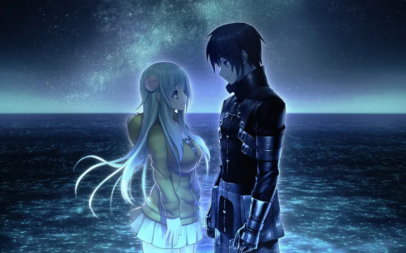 Cặp đôi anime ngắm đèn lồng thả trôi trên mặt hồ tĩnh lặng Cặp đôi anime ngắm đèn lồng thả trôi trên mặt hồ tĩnh lặng