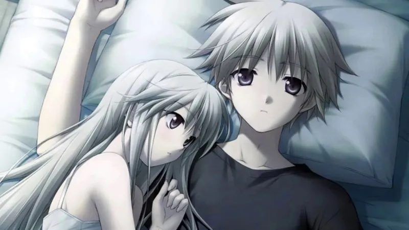 Hình nền anime tình cảm với cặp đôi đan tay bên cầu treo Hình nền anime tình cảm với cặp đôi đan tay bên cầu treo