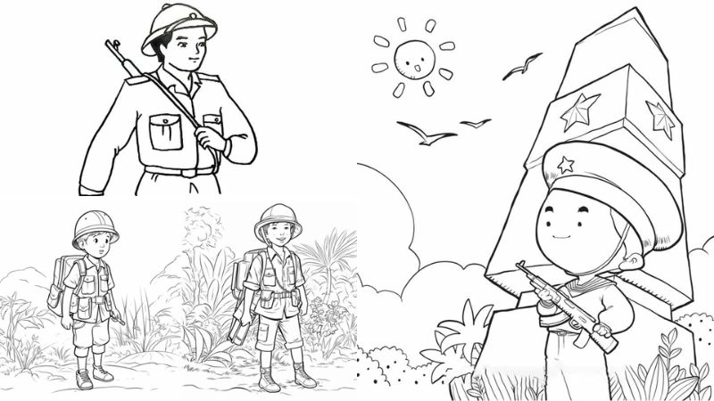 Tranh tô màu chú bộ đội đẹp cho bé tập tô