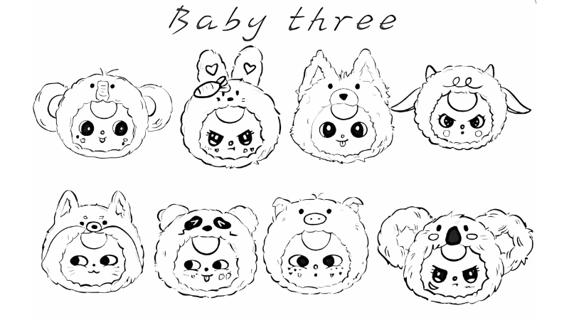 Tranh tô màu baby three cho bé siêu đáng yêu