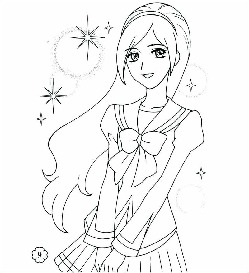 Hình tô màu cô gái anime xinh xắn cho bé sáng tạo