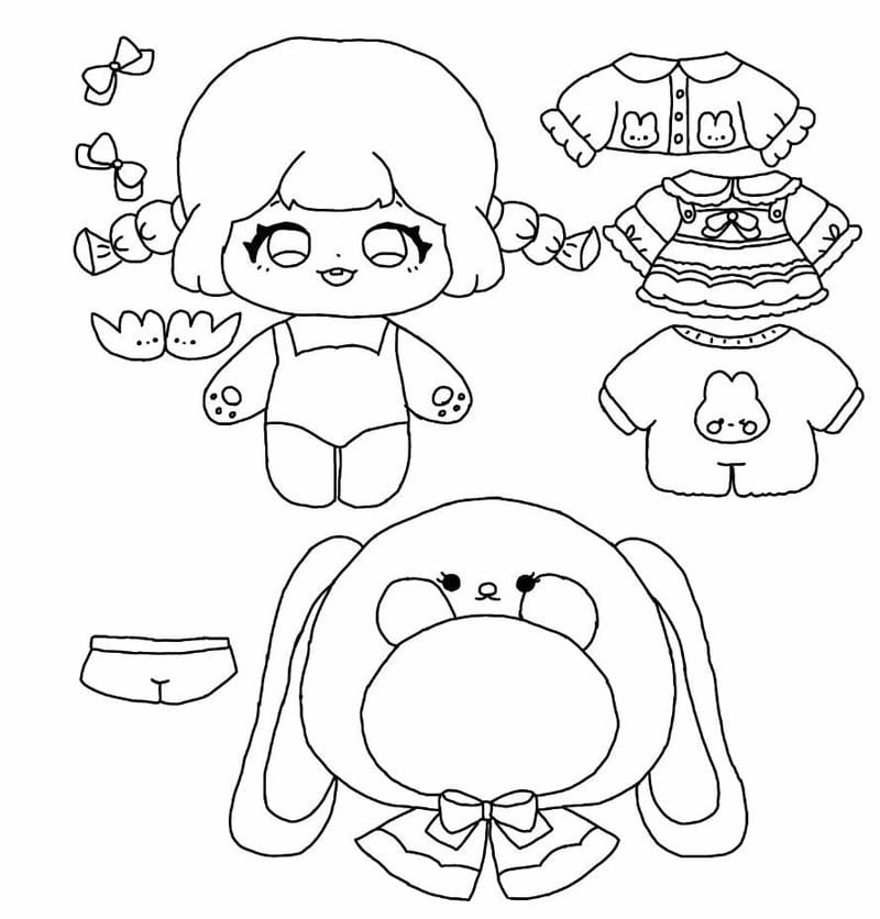 Tranh tô màu cute paper doll búp bê giấy chibi