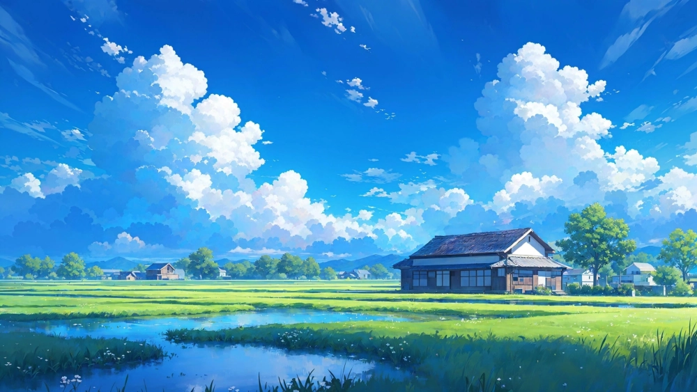 Cánh đồng hoa bất tận trong một tranh phong cảnh anime