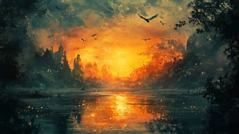 Một bức tranh phong cảnh hoàng hôn đẹp