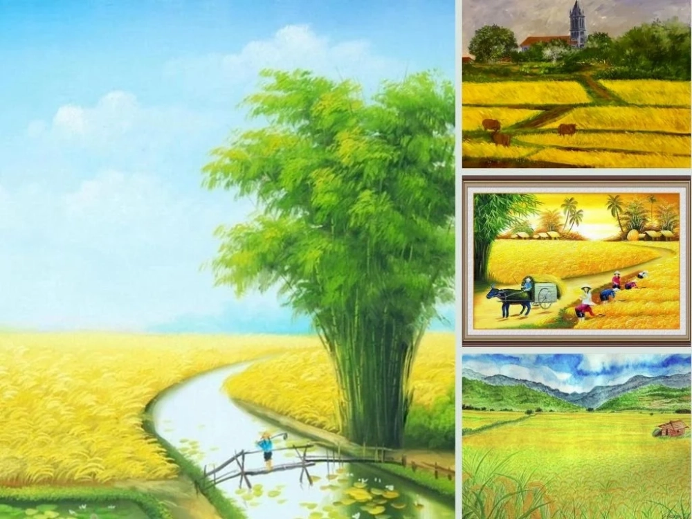 Tranh đồng lúa chín vàng vàng rực mùa thu hoạch quyến rũ cuốn hút
