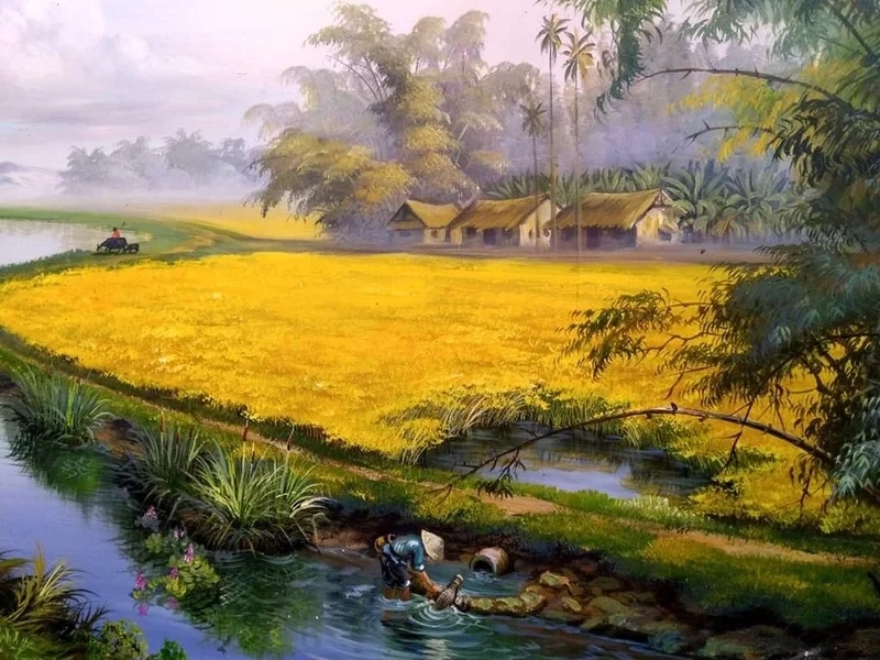 Các bước chi tiết để vẽ tranh phong cảnh quê hương đơn giản với bút chì và màu sáp.